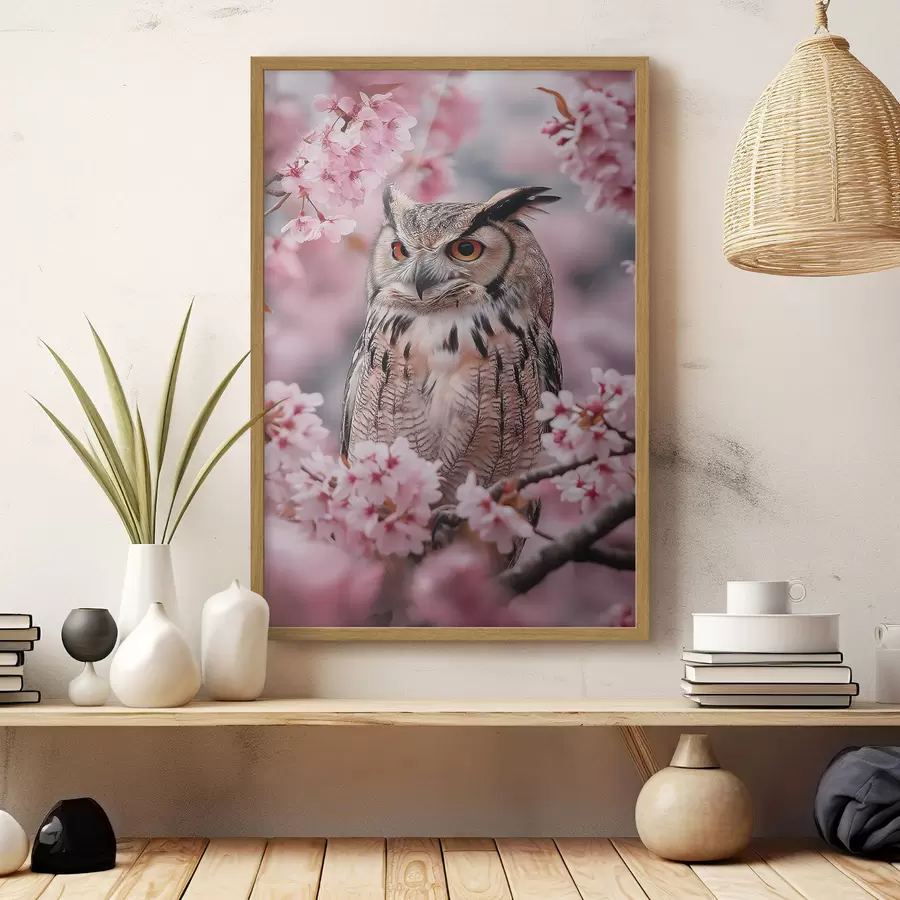 Fototapeta Piękna sowa na gałęzi wiśni, natura, realizm f42784