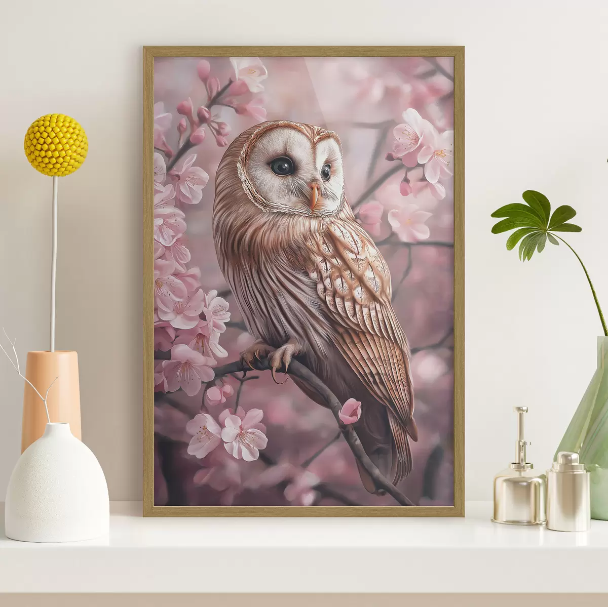 Plakat Sowa na wiśni, różowe kwiaty, realizm, natura f42785