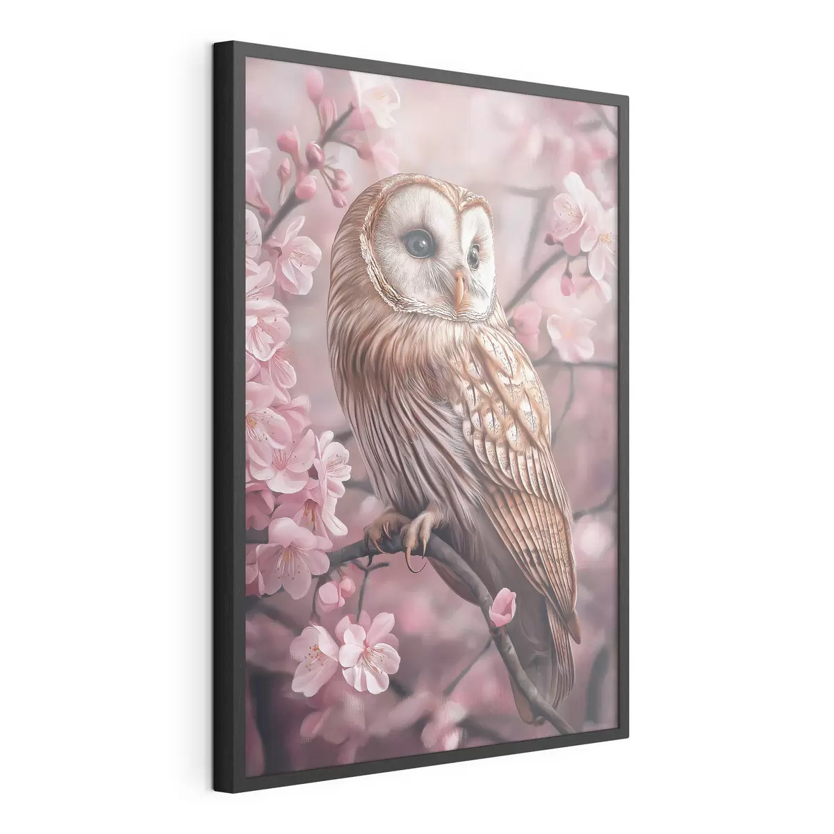 Plakat Sowa na wiśni, różowe kwiaty, realizm, natura f42785