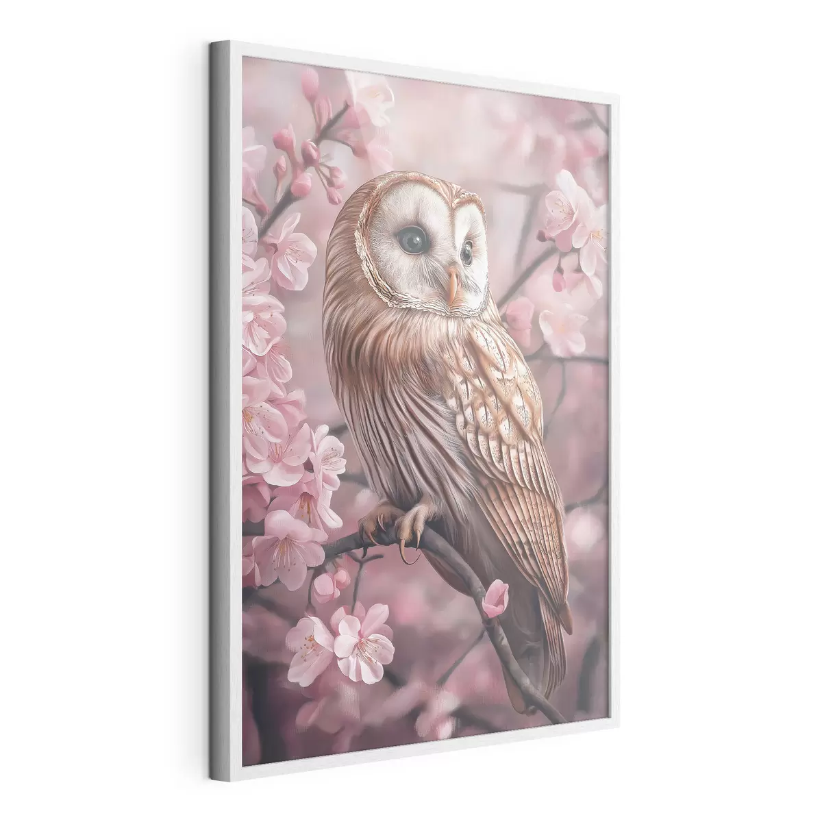 Plakat Sowa na wiśni, różowe kwiaty, realizm, natura f42785