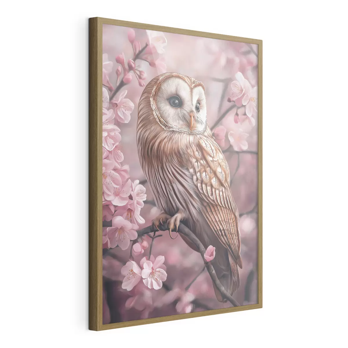 Plakat Sowa na wiśni, różowe kwiaty, realizm, natura f42785