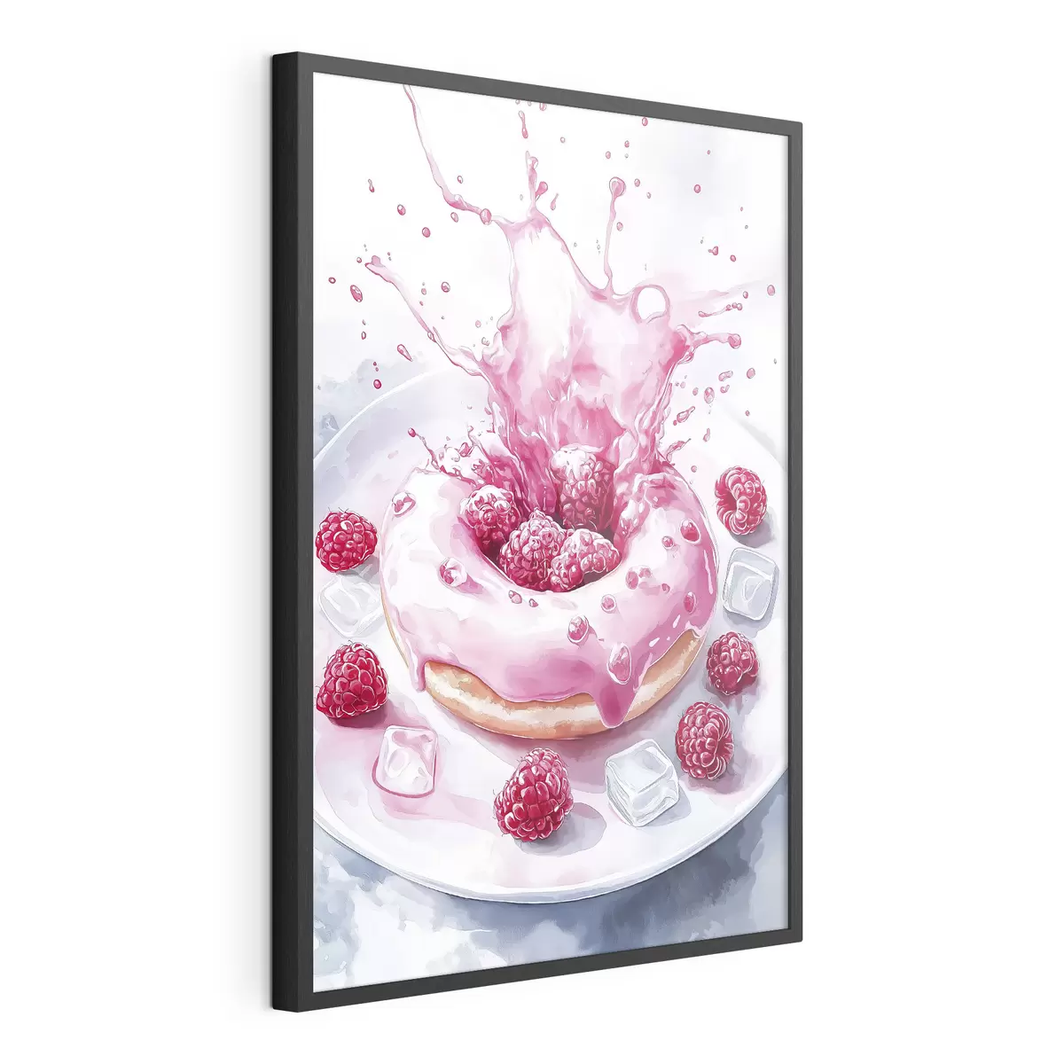 Plakat Pyszny pączek na talerzu, krem musujący, maliny, lód f42788