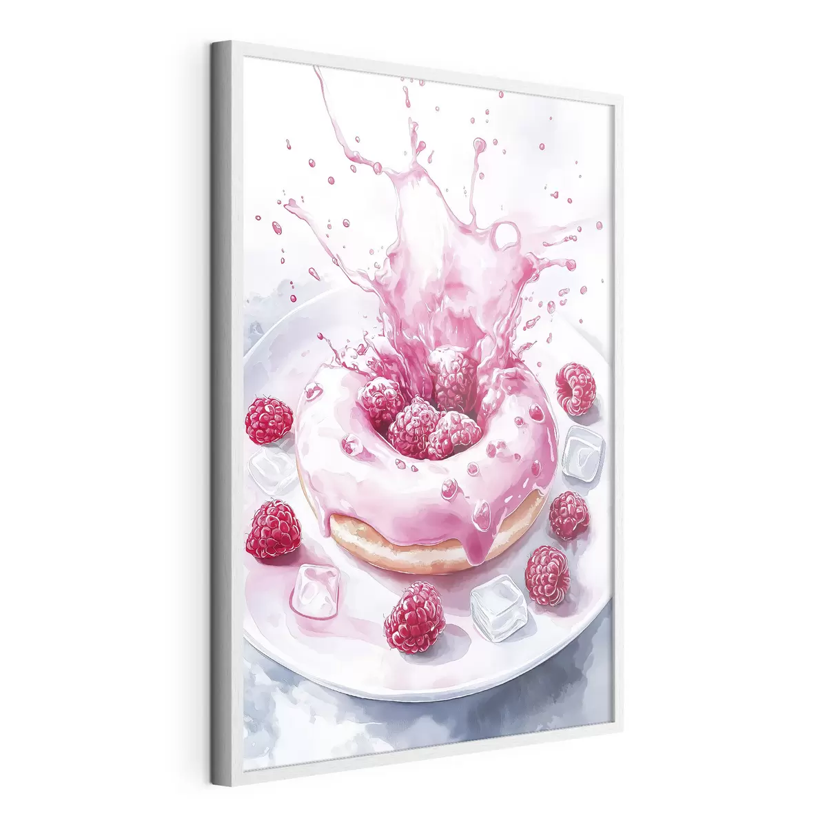 Plakat Pyszny pączek na talerzu, krem musujący, maliny, lód f42788