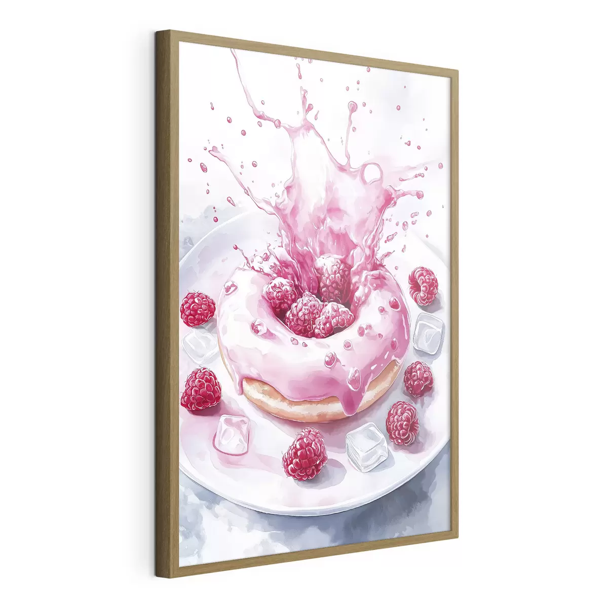 Plakat Pyszny pączek na talerzu, krem musujący, maliny, lód f42788