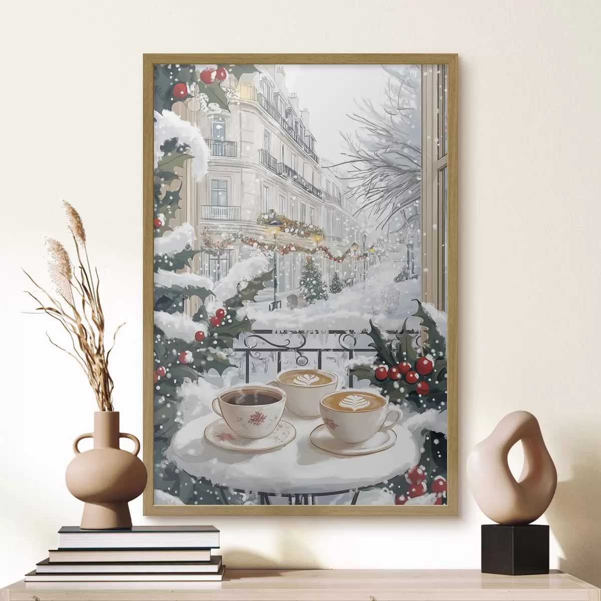 Plakat Zimowa estetyka, filiżanki kawy, restauracja, ulica miasta f42794