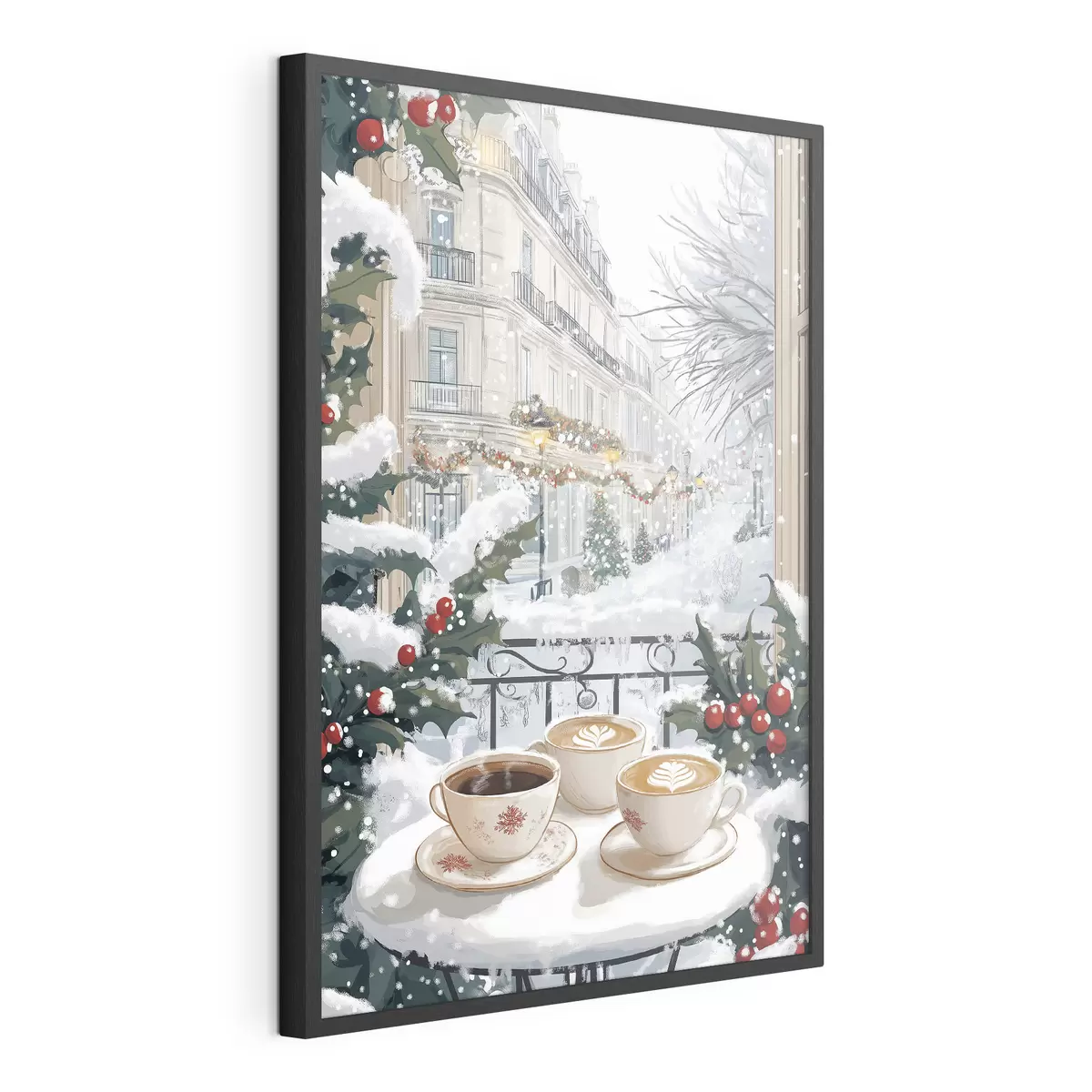 Plakat Zimowa estetyka, filiżanki kawy, restauracja, ulica miasta f42794