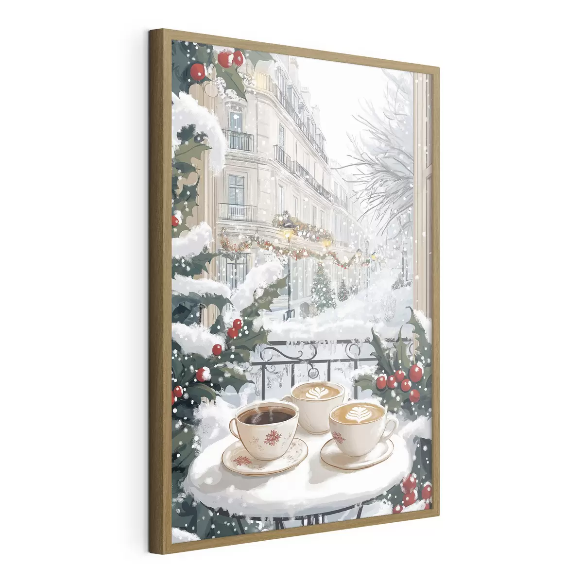 Plakat Zimowa estetyka, filiżanki kawy, restauracja, ulica miasta f42794