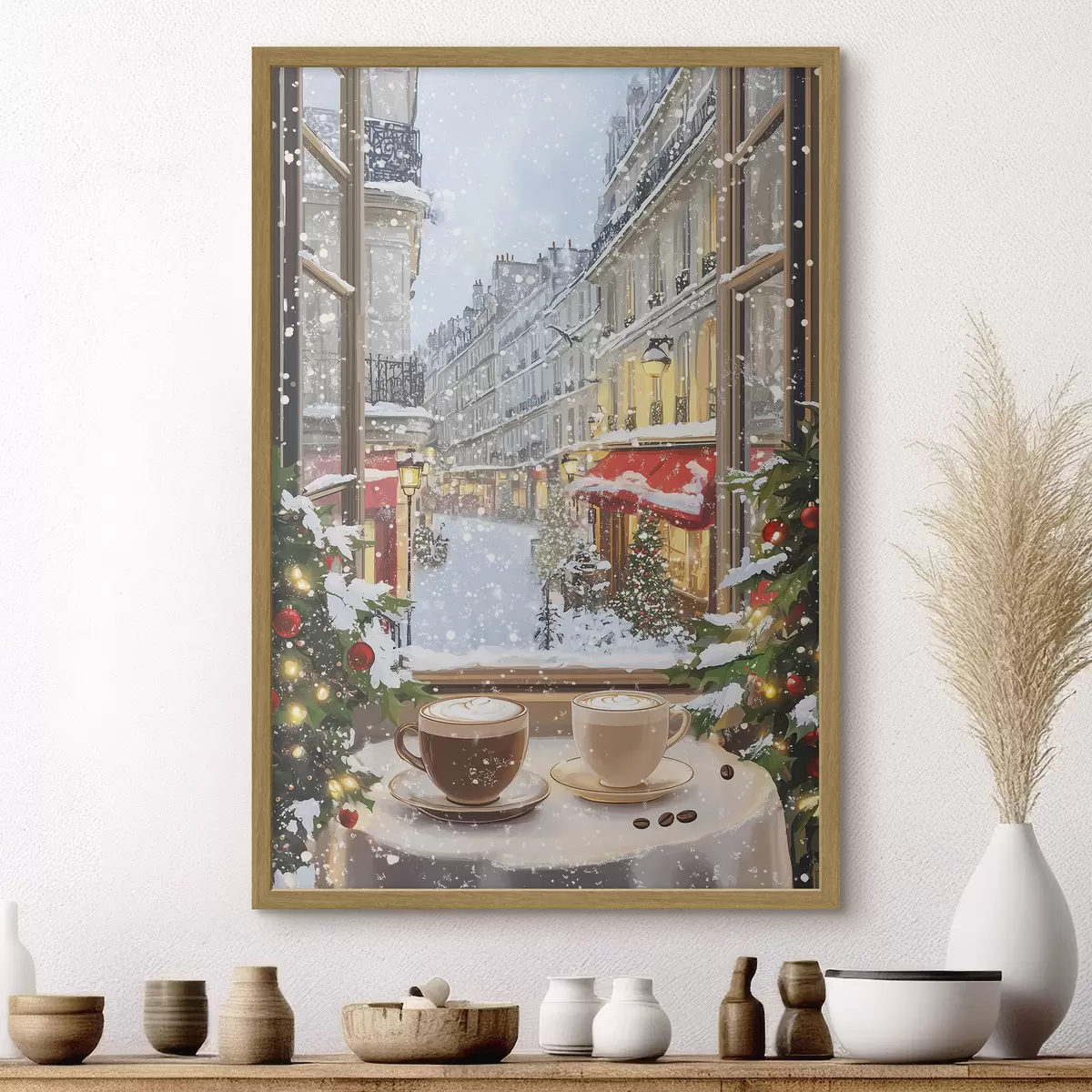 Plakat Przytulna zimowa kawiarnia, filiżanki kawy, styl akrylowy, architektura starego miasta f42795