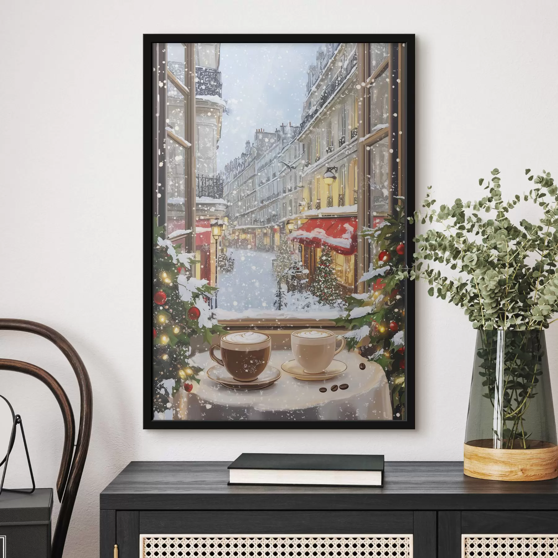 Fototapeta Przytulna zimowa kawiarnia, filiżanki kawy, styl akrylowy, architektura starego miasta f42795