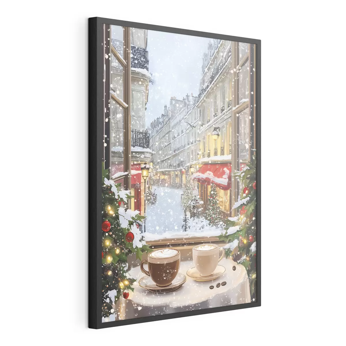Plakat Przytulna zimowa kawiarnia, filiżanki kawy, styl akrylowy, architektura starego miasta f42795