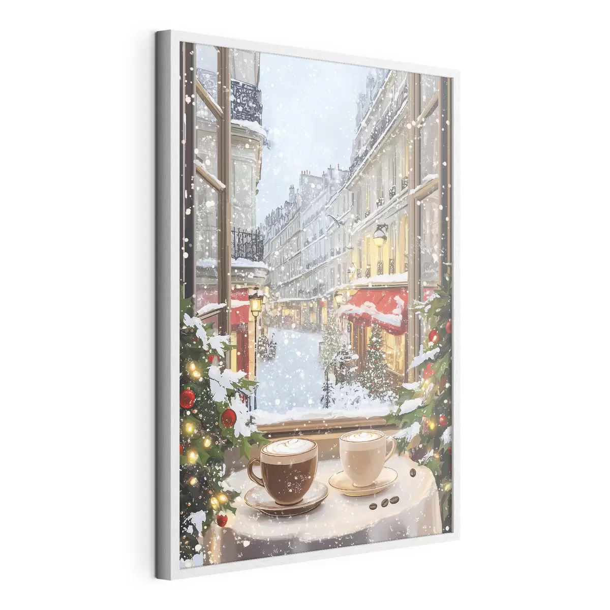Plakat Przytulna zimowa kawiarnia, filiżanki kawy, styl akrylowy, architektura starego miasta f42795