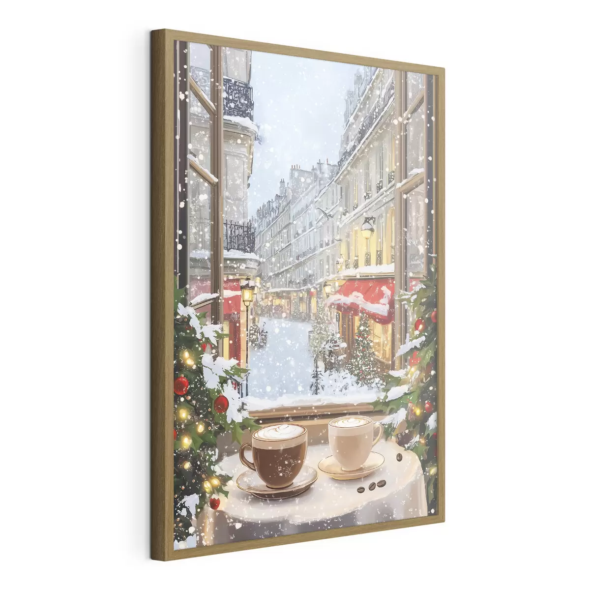 Plakat Przytulna zimowa kawiarnia, filiżanki kawy, styl akrylowy, architektura starego miasta f42795