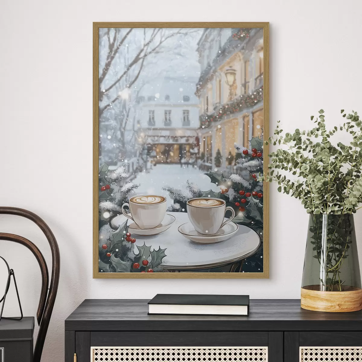 Plakat Filiżanki kawy w przytulnej kawiarni, zimowa estetyka, styl boho f42797