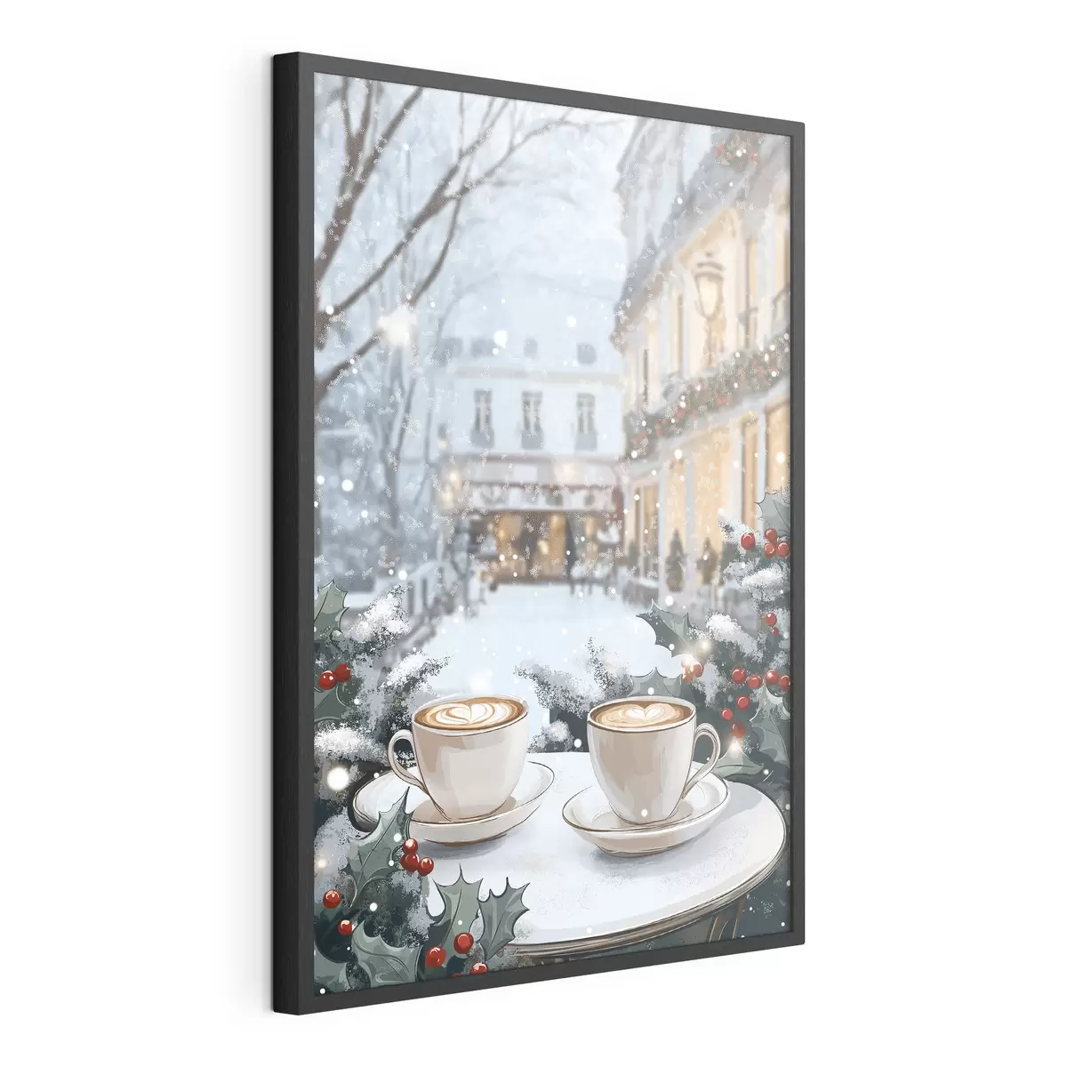 Plakat Filiżanki kawy w przytulnej kawiarni, zimowa estetyka, styl boho f42797