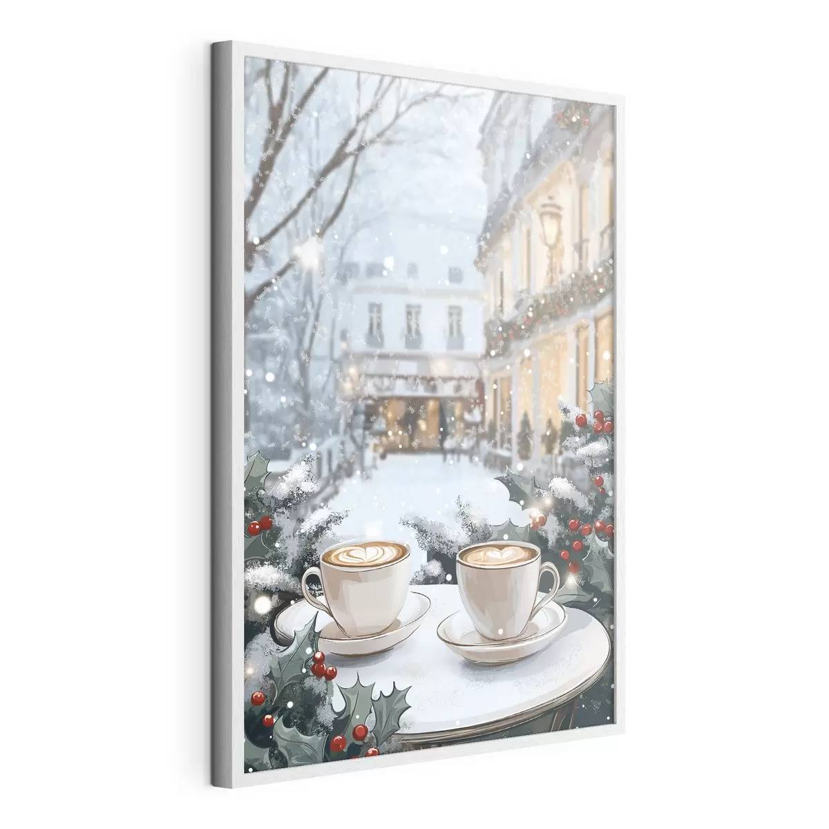 Plakat Filiżanki kawy w przytulnej kawiarni, zimowa estetyka, styl boho f42797