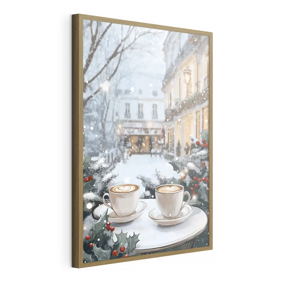 Plakat Filiżanki kawy w przytulnej kawiarni, zimowa estetyka, styl boho f42797