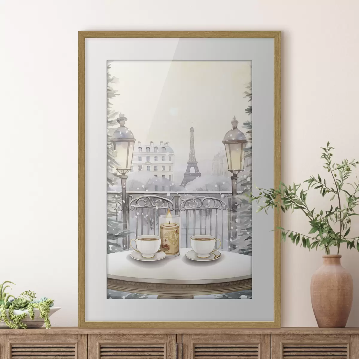 Plakat Piękna kawiarnia w Paryżu, filiżanki do herbaty, romantyczny widok, zima, styl akwareli f42799