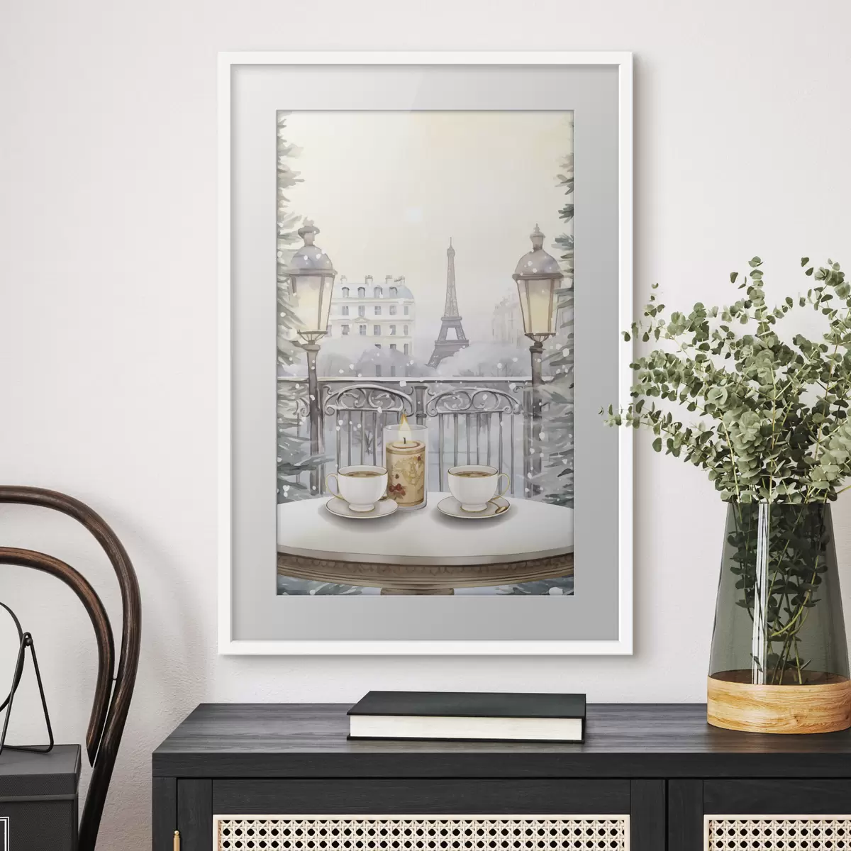 Plakat Piękna kawiarnia w Paryżu, filiżanki do herbaty, romantyczny widok, zima, styl akwareli f42799