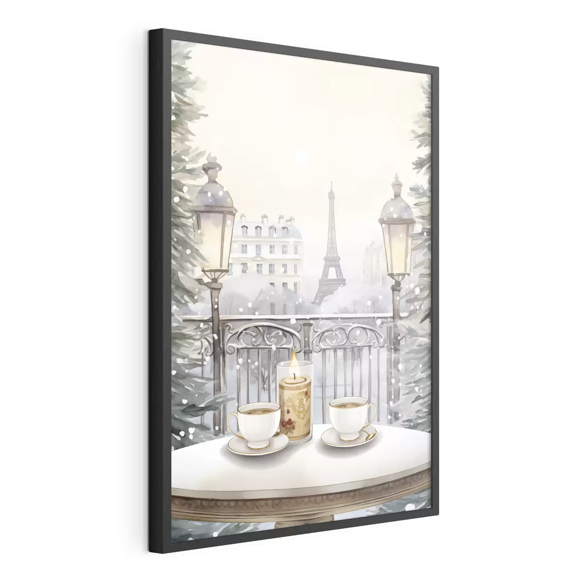 Plakat Piękna kawiarnia w Paryżu, filiżanki do herbaty, romantyczny widok, zima, styl akwareli f42799