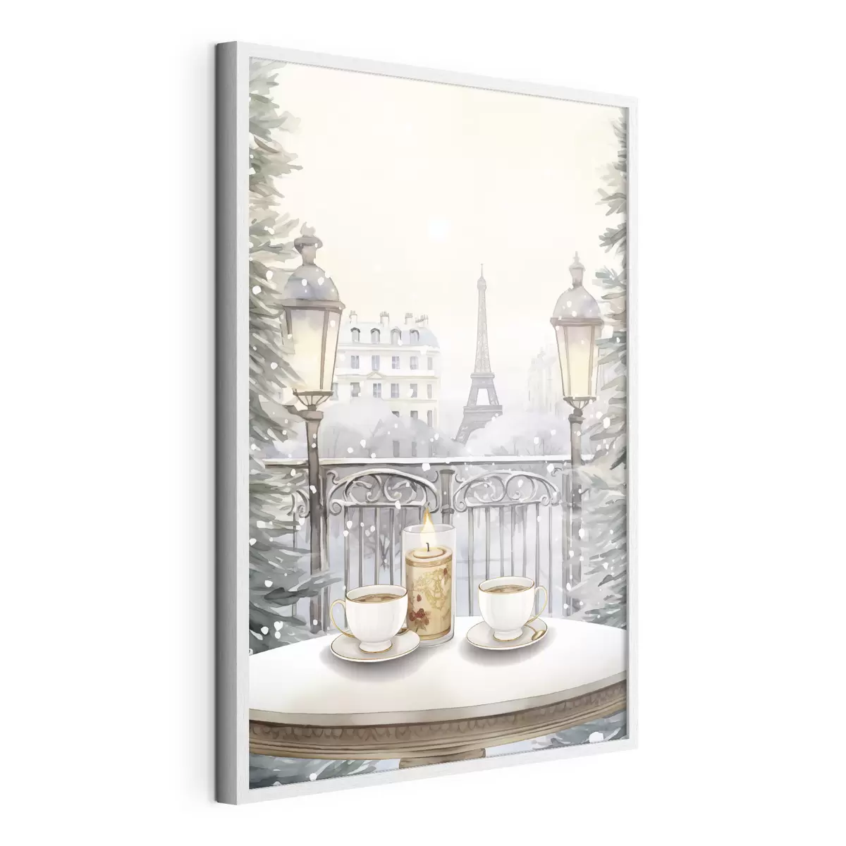 Plakat Piękna kawiarnia w Paryżu, filiżanki do herbaty, romantyczny widok, zima, styl akwareli f42799
