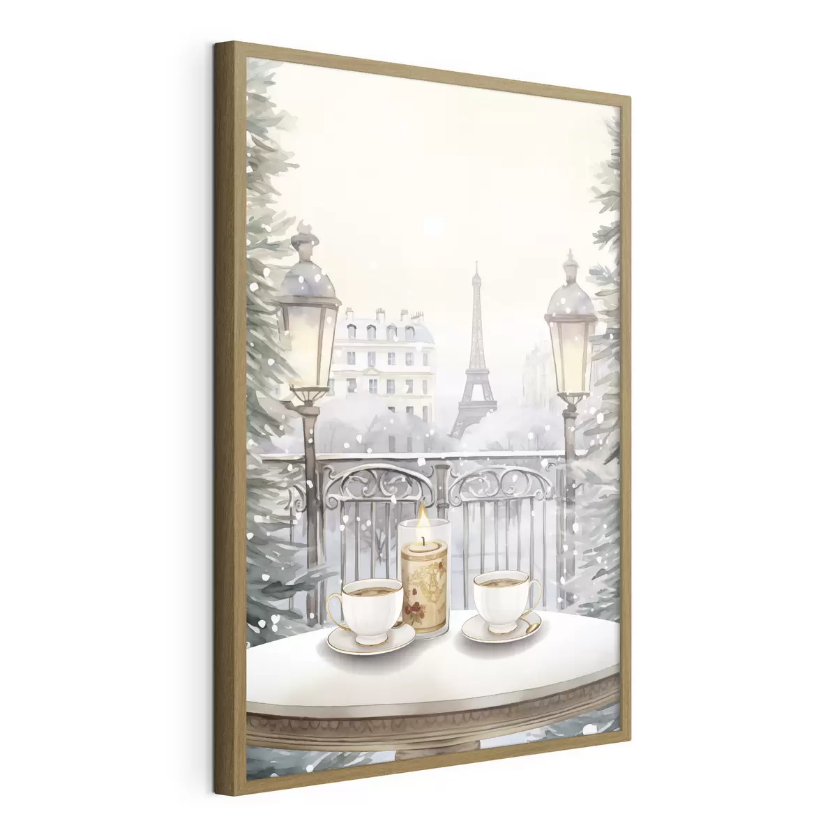 Plakat Piękna kawiarnia w Paryżu, filiżanki do herbaty, romantyczny widok, zima, styl akwareli f42799