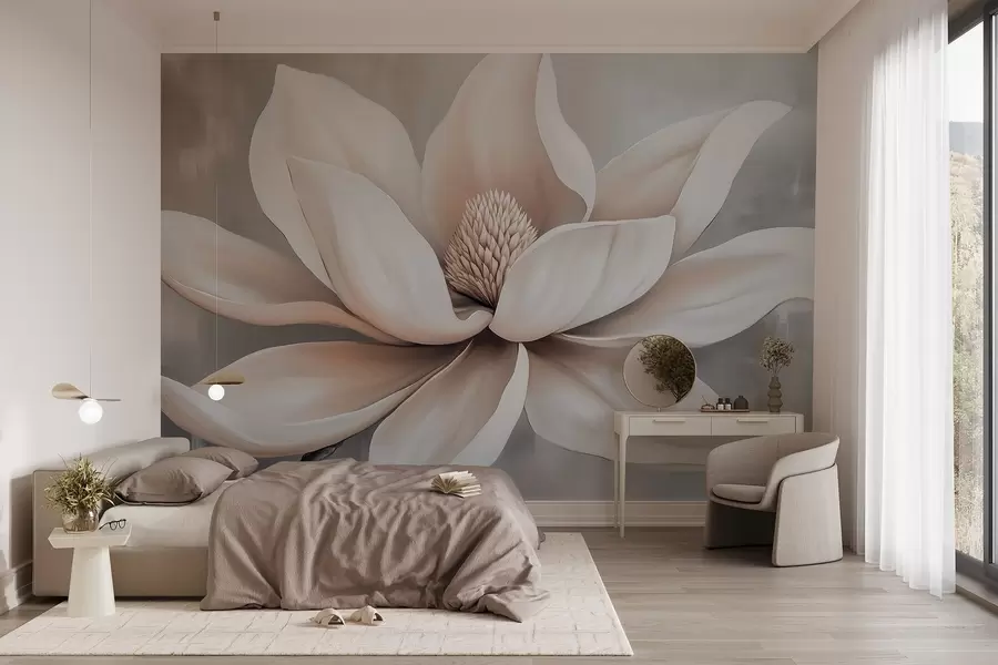 Fototapeta Elegancki kwiat magnolii z długimi, gładkimi płatkami na szarym tle w08705