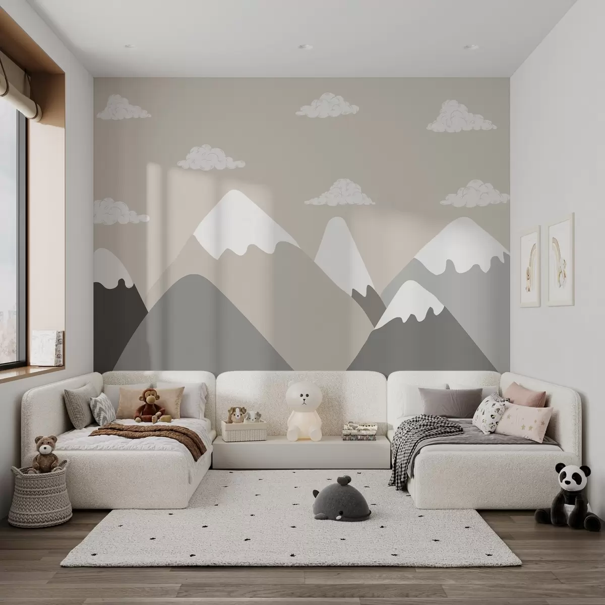 Fototapeta Minimalistyczny górski krajobraz z ośnieżonymi szczytami w spokojnych szaro-beżowych odcieniach, uzupełniony miękkimi białymi chmurami w03040v1