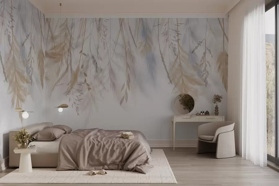 Fototapeta Delikatne trawy, kłosy i rośliny w pastelowych odcieniach, ułożone w kaskadowy nadruk na jasnym tle w08737