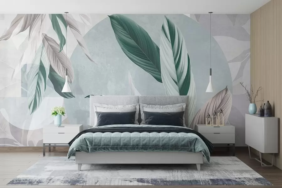 Fototapeta Nowoczesna i abstrakcyjna geometryczna kompozycja teksturowa ze szczegółowymi liśćmi w odcieniach zieleni, jasnego fioletu i bieli w08741v1