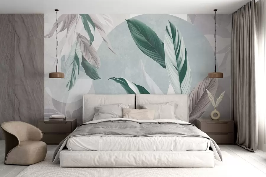 Fototapeta Nowoczesna i abstrakcyjna geometryczna kompozycja teksturowa ze szczegółowymi liśćmi w odcieniach zieleni, jasnego fioletu i bieli w08741v1