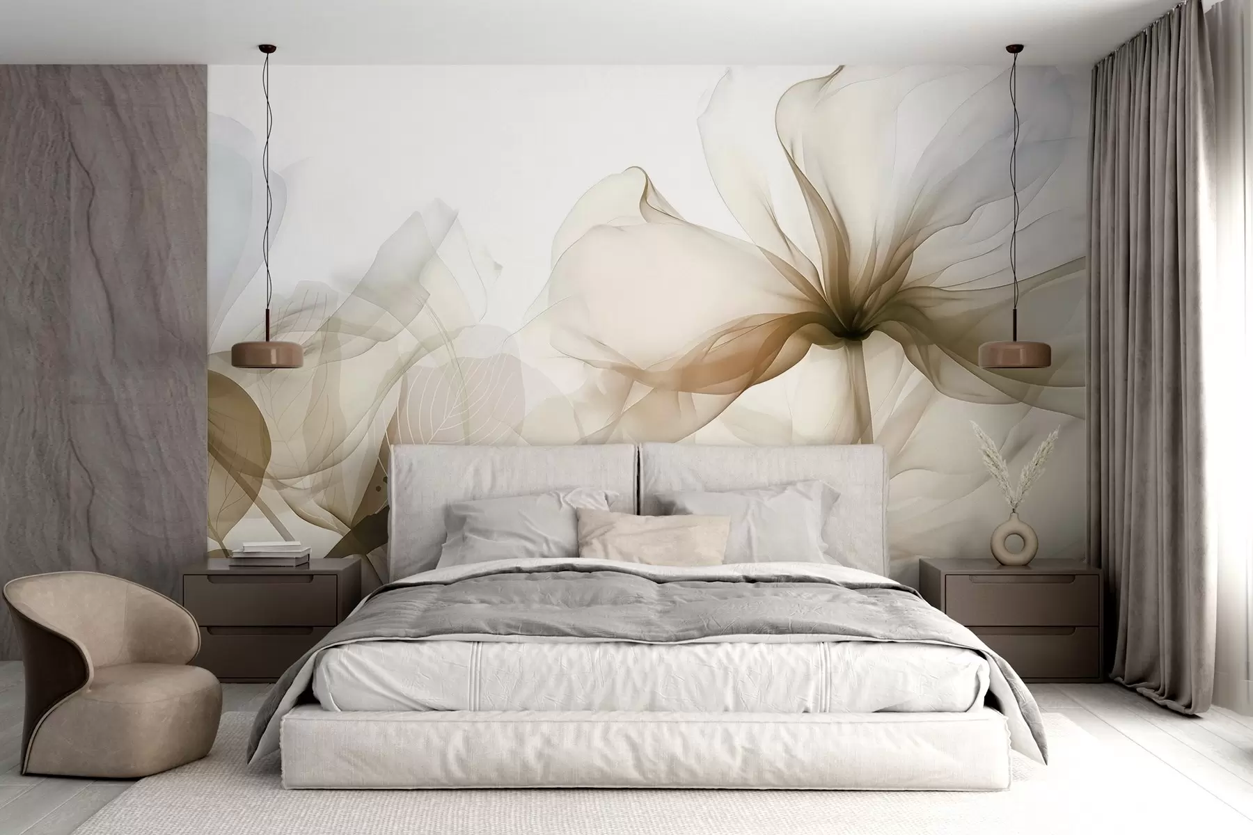 Fototapeta Brązowe abstrakcyjne kwiaty z miękkimi, półprzezroczystymi płatkami i delikatnymi detalami na białym tle w08742v1