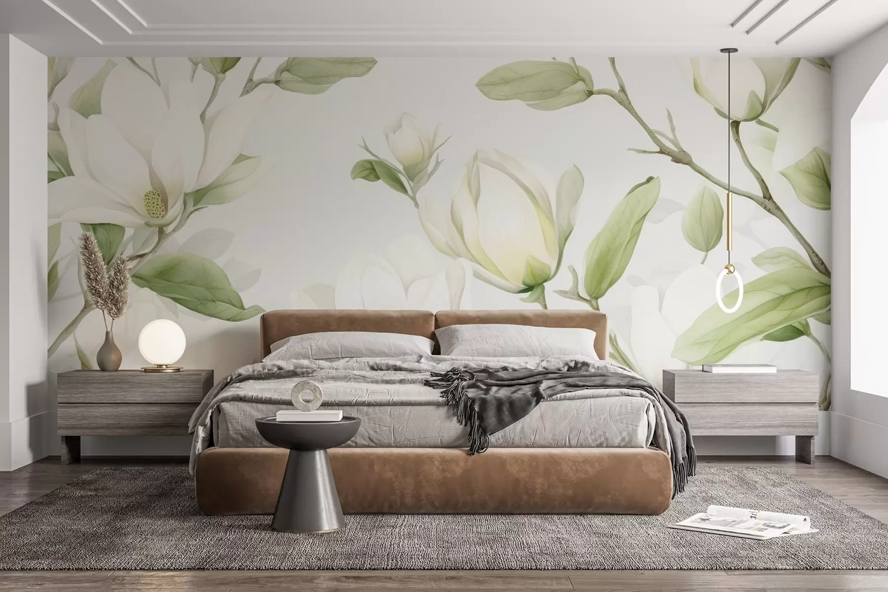 Fototapeta Eleganckie kwiaty magnolii w białych i kremowych odcieniach z delikatnymi zielonymi liśćmi na jasnym tle w03046v1