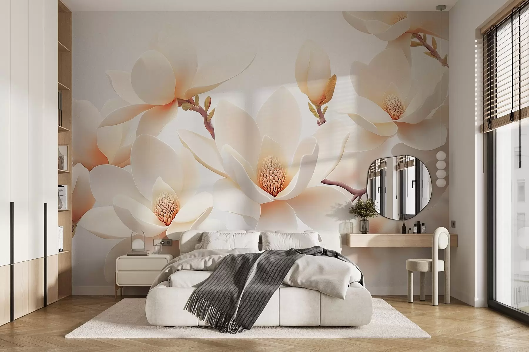 Fototapeta Kwitnące kremowe kwiaty magnolii na białym tle w08745