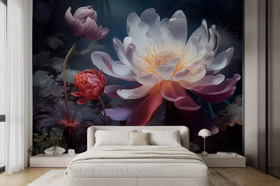 Fototapeta Fantastyczne kwiaty kwitnące w bajkowej, mrocznej atmosferze w08747