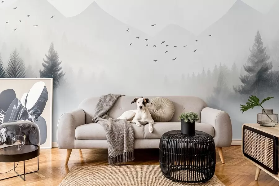 Fototapeta Spokojny zimowy las na zboczu góry w odcieniach bieli i jasnej szarości w08756