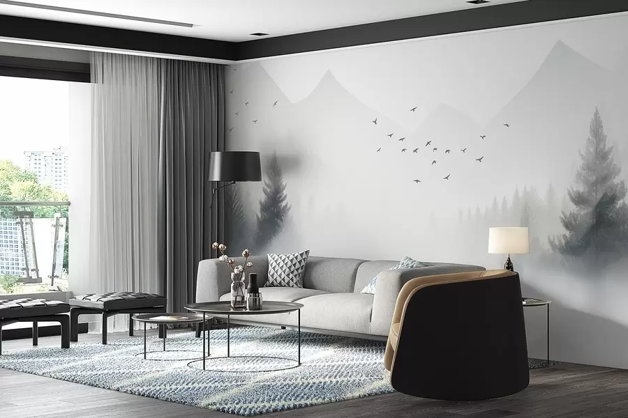 Fototapeta Spokojny zimowy las na zboczu góry w odcieniach bieli i jasnej szarości w08756