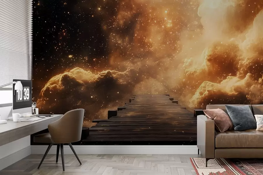 Fototapeta Kosmiczne żółto-czarne rozgwieżdżone niebo z drewnianym pomostem w08723