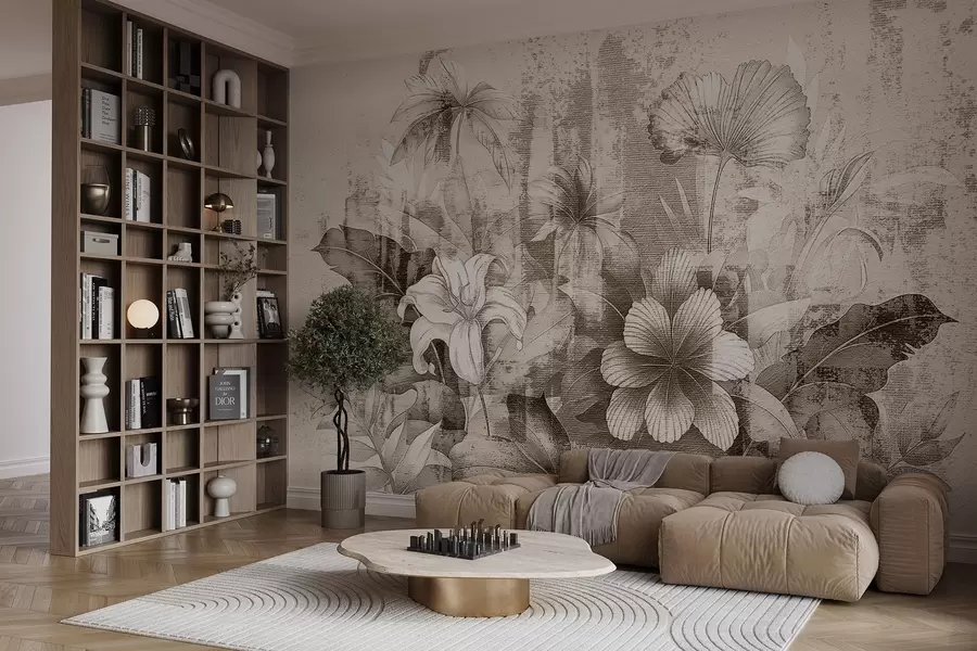 Fototapeta Vintage design z egzotycznymi kwiatami i roślinami w08767v2