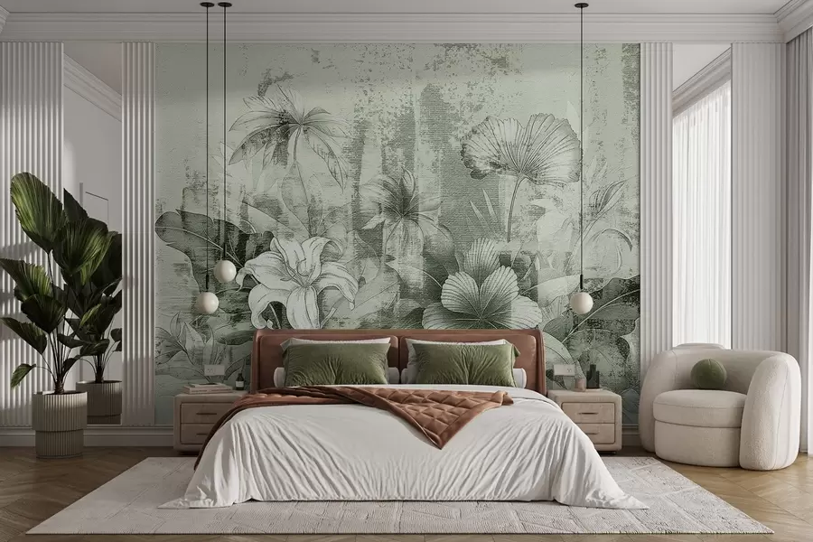 Fototapeta Vintage design z egzotycznymi kwiatami i roślinami w08767v3