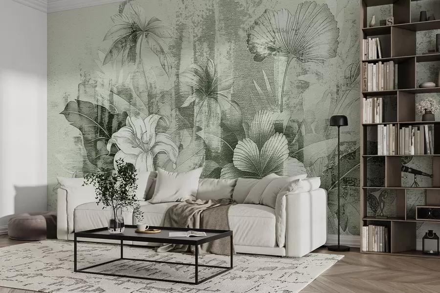 Fototapeta Vintage design z egzotycznymi kwiatami i roślinami w08767v3