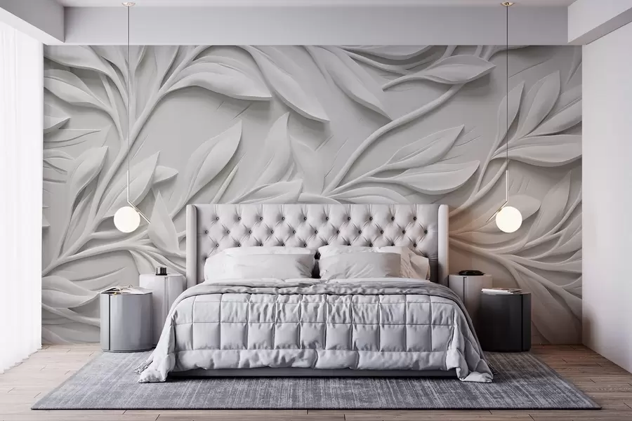 Fototapeta Biały teksturowany nadruk z liśćmi i gałęziami, tworzący efekt objętości na teksturowanym tle w08778