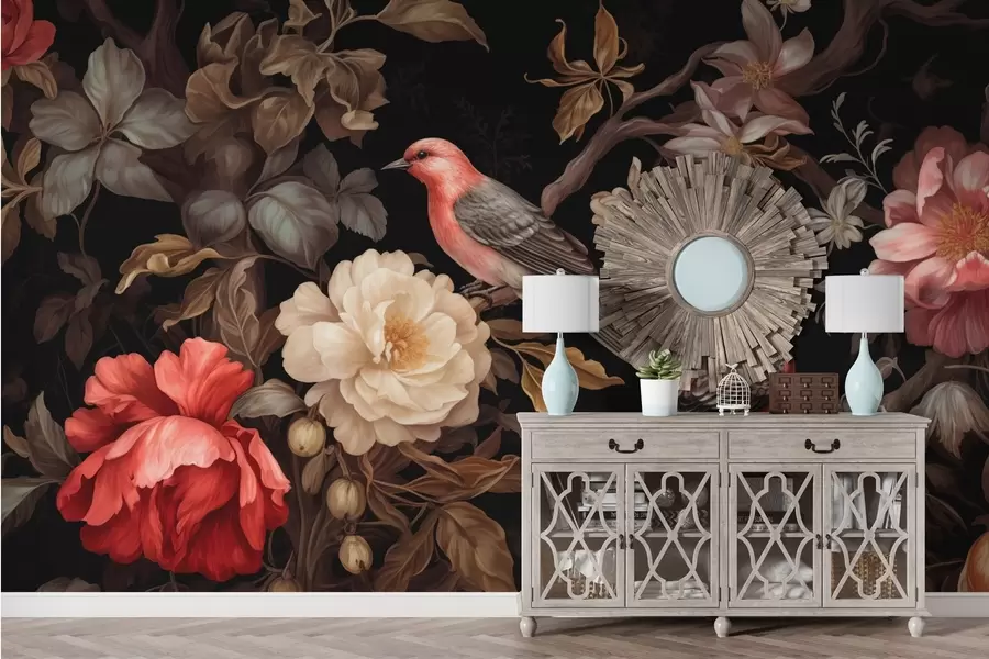 Fototapeta Ptaki i kwiaty w ciemnych akcentach w03131