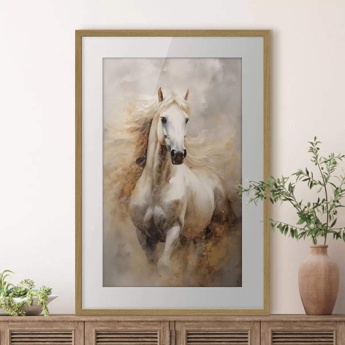 Plakat Malowniczy portret białego konia w ruchu f42932