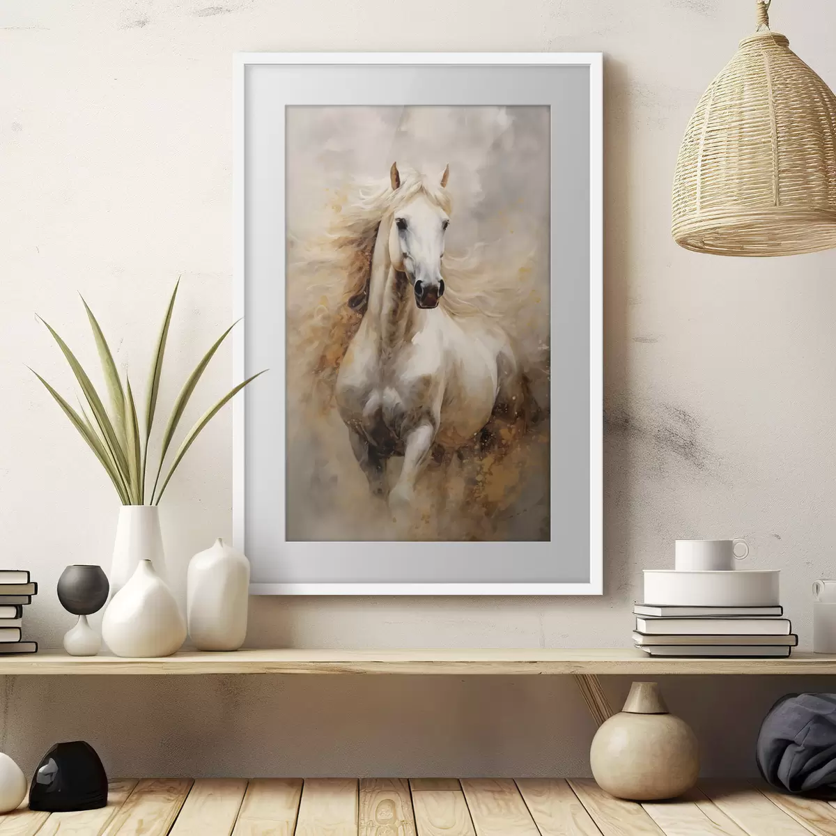 Plakat Malowniczy portret białego konia w ruchu f42932