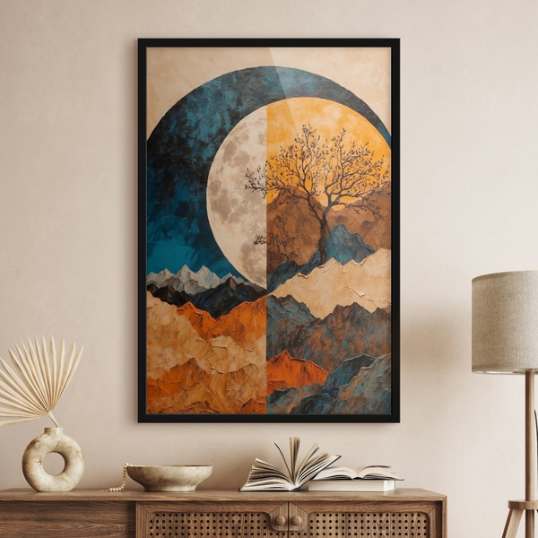Plakat Wielokolorowe góry na tle księżyca w stylu malarstwa akrylowego, Plakaty Natura, f42770 : Uwalls