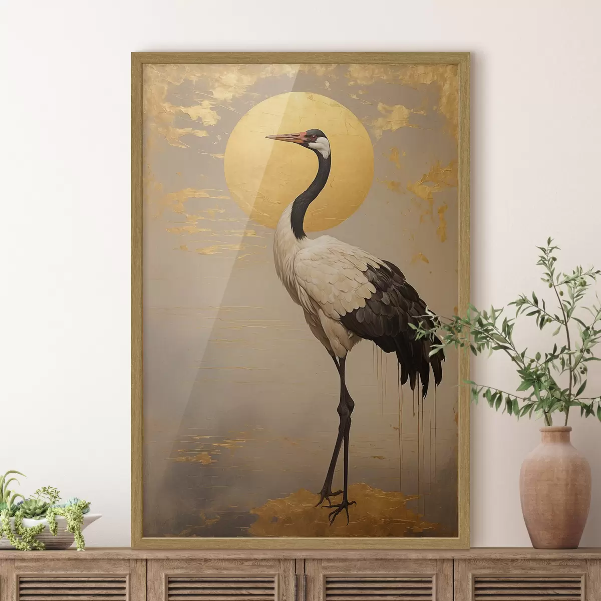 Plakat Żuraw na tle słońca w stylu malarstwa akrylowego f42773