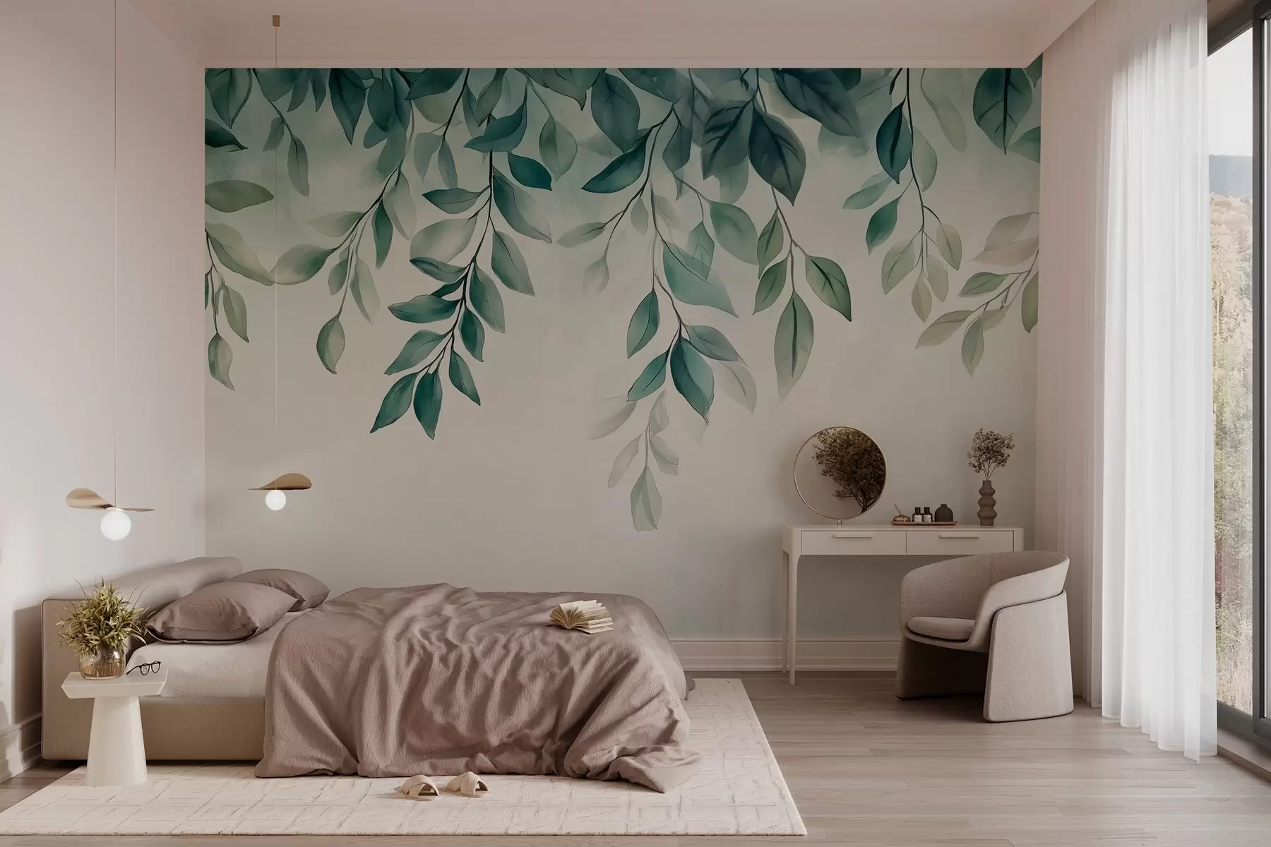 Fototapeta zielone liście w stylu akwareli zwisające z góry w03024