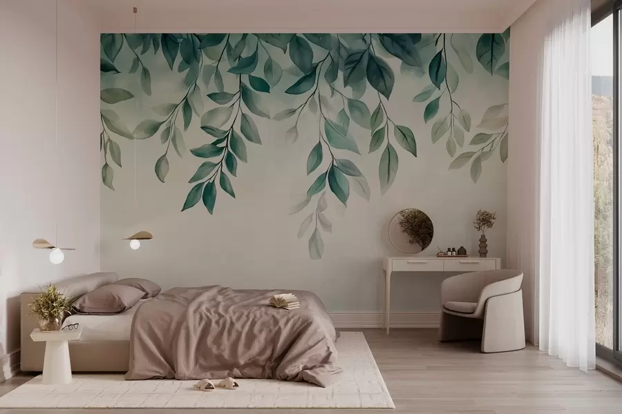 Fototapeta zielone liście w stylu akwareli zwisające z góry w03024