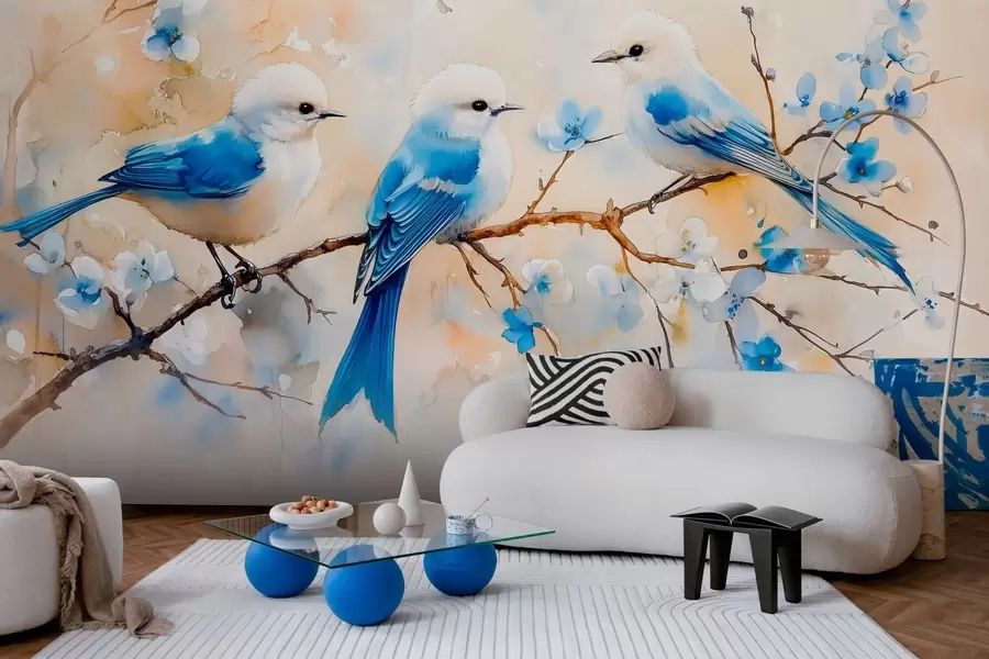 Fototapeta wiosenne ptaki śpiewające na gałęzi drzewa w stylu akwareli w03112