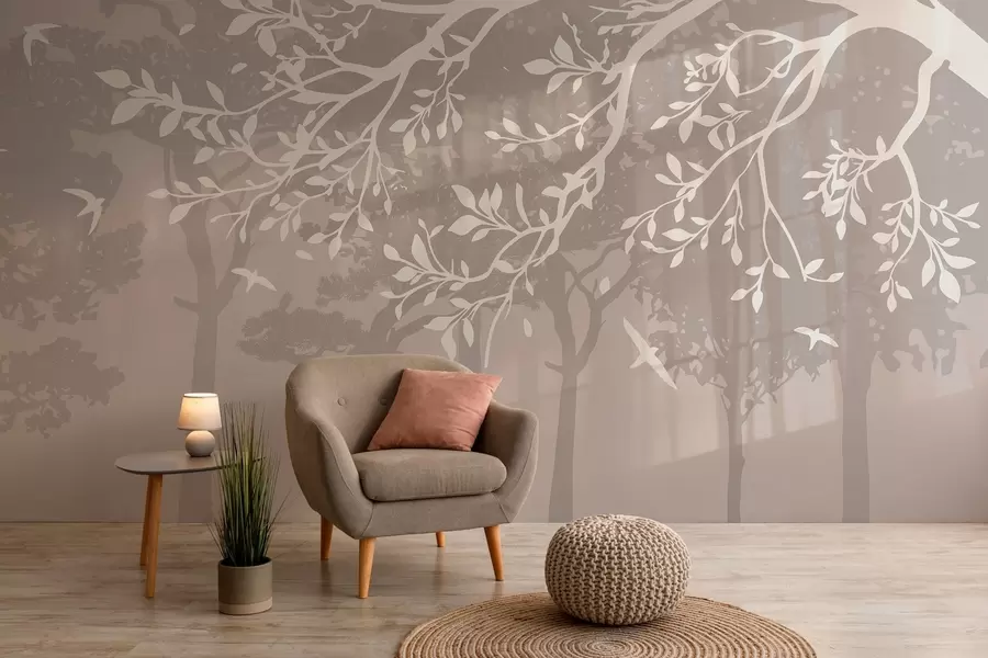 Fototapeta sylwetka kremowej gałęzi drzewa z ptakami na tle lasu w03116